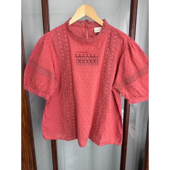 Universal Thread Tops - Universal Thread Coral Pink Lace Dobby Cotton Blouse XXL Mock Neck Puff Sleeve